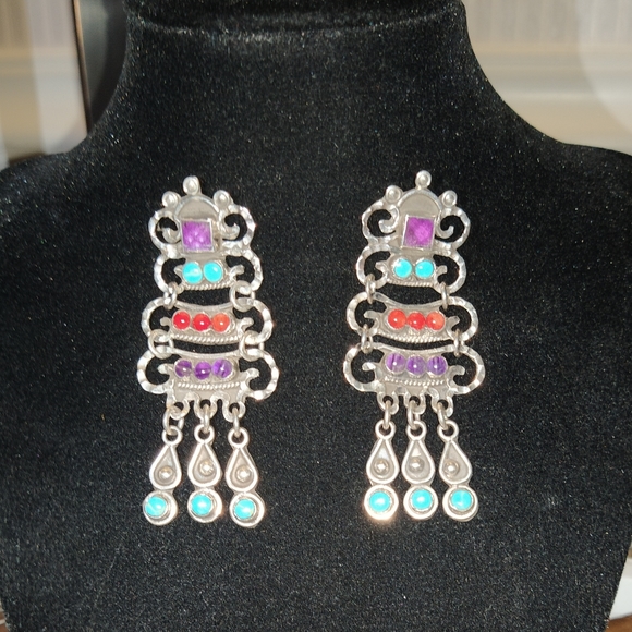 🏜️Navajo 925 Sterling Silver Turquoise Red Jasper Amethyst Chandelier Earrings - Picture 6 of 13
